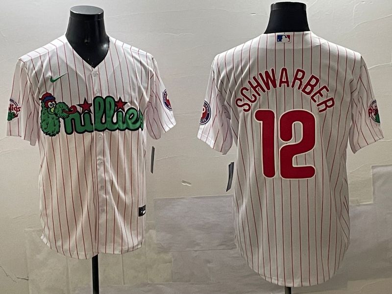 Men Philadelphia Phillies #12 Schwarber White Stripe Three generations Joint Name Game 2025 Nike MLB Jersey style 1->philadelphia phillies->MLB Jersey